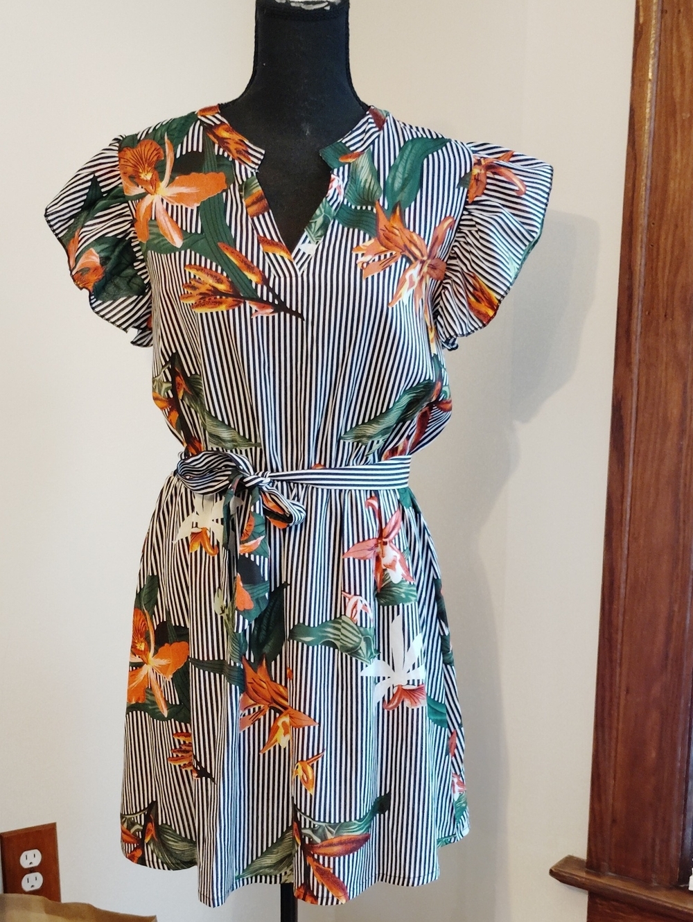 Source Unknown Black-White Striped Mini Dress with Orange Floral Print